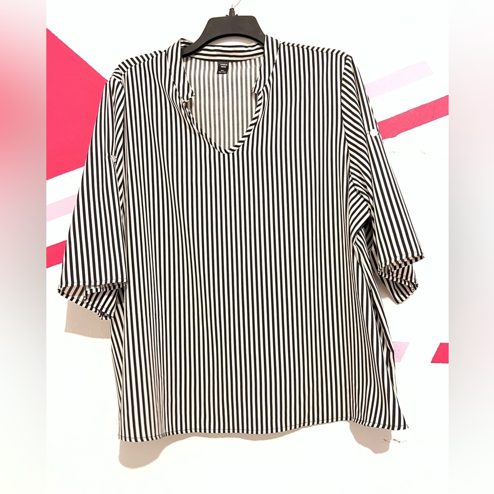 Plus Striped Print Notched Neckline Blouse